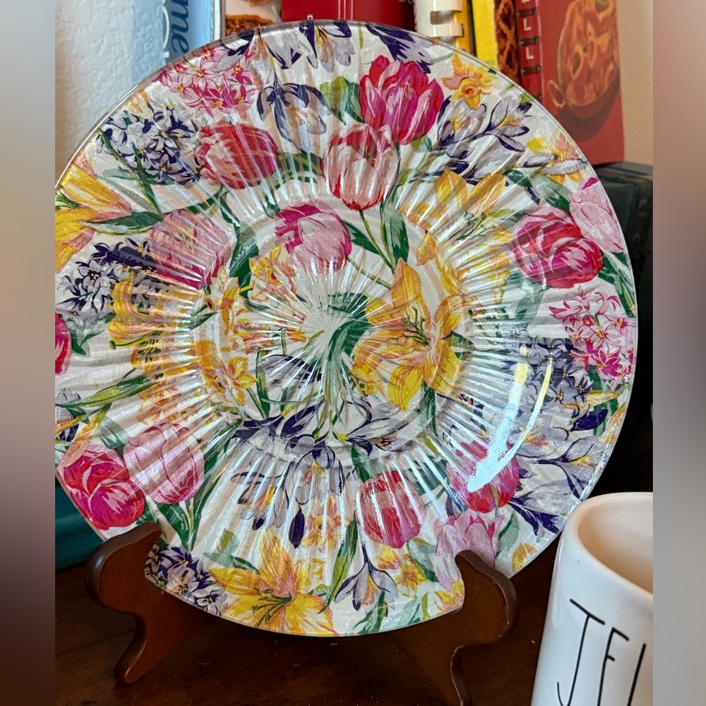 Spring Floral Decorative Plate Handmade Repurposed one of a kind